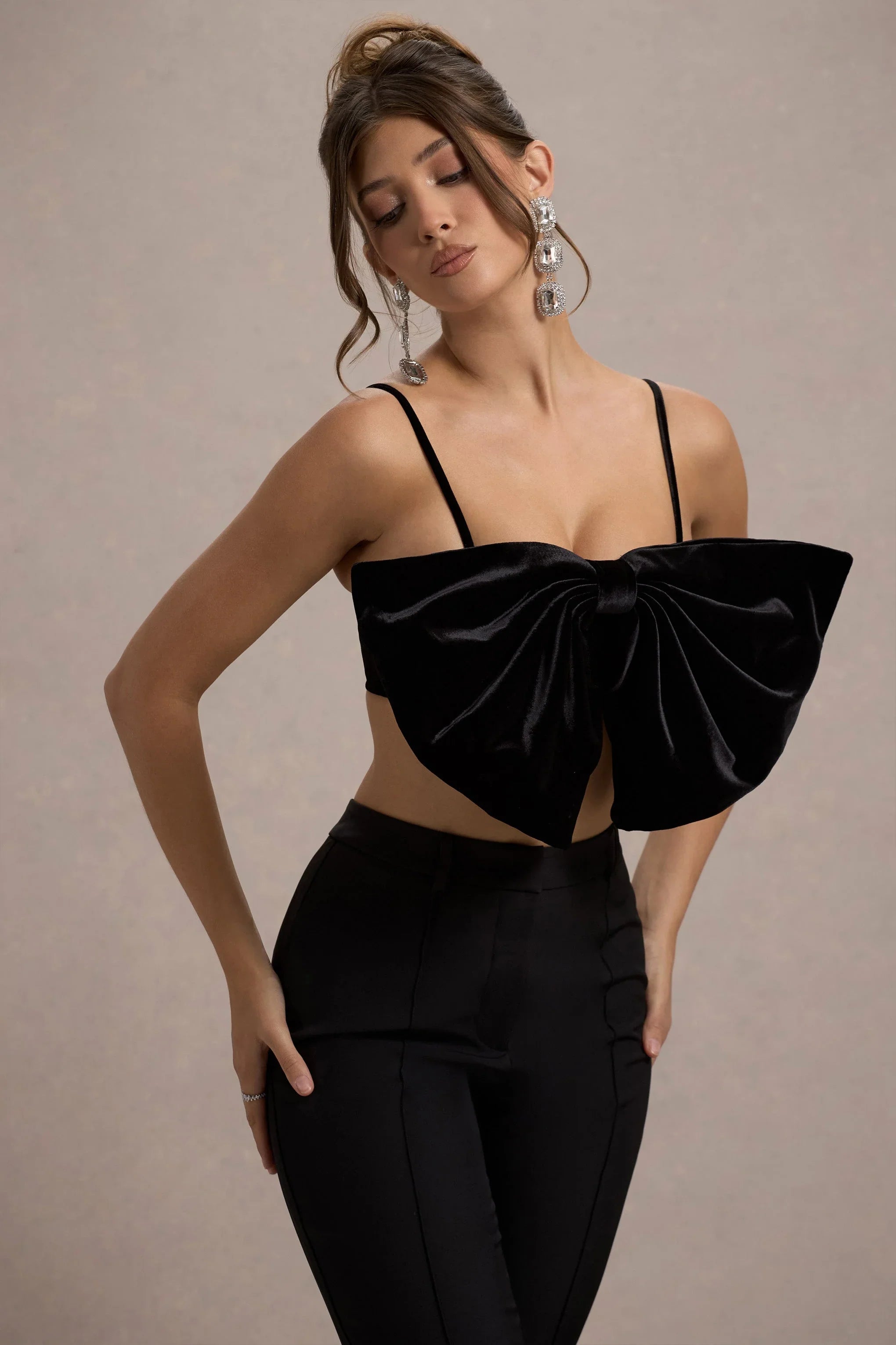 Adya Black Velvet Strappy Bow Crop Top