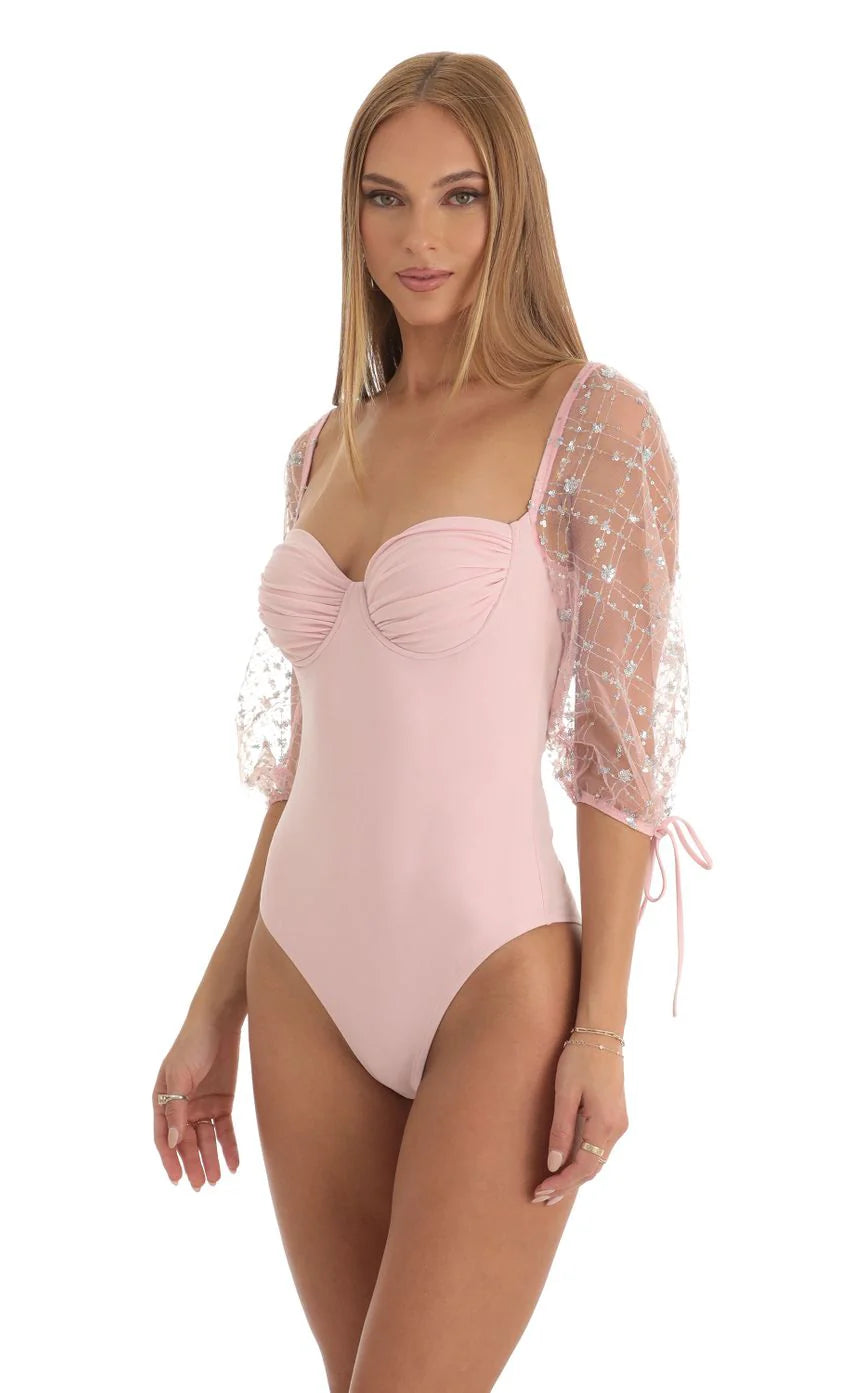 Sequin Puff Sleeve Bodysuit in Pink