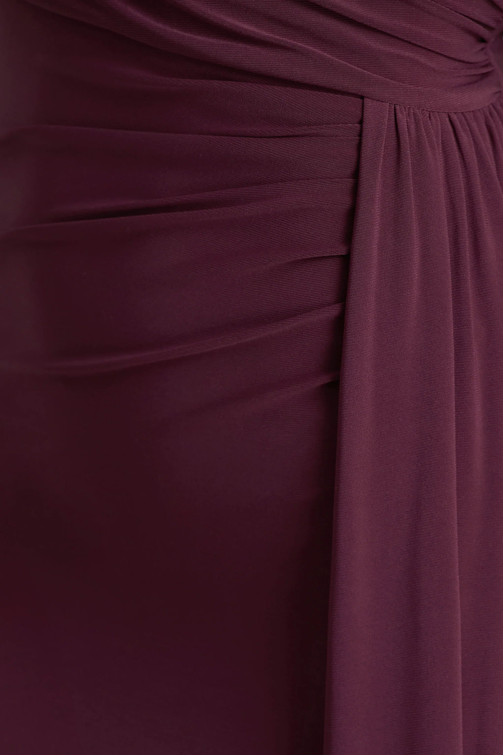 Anticipation Burgundy High Neck Maxi Dress With Front Split And Ruched Detailing