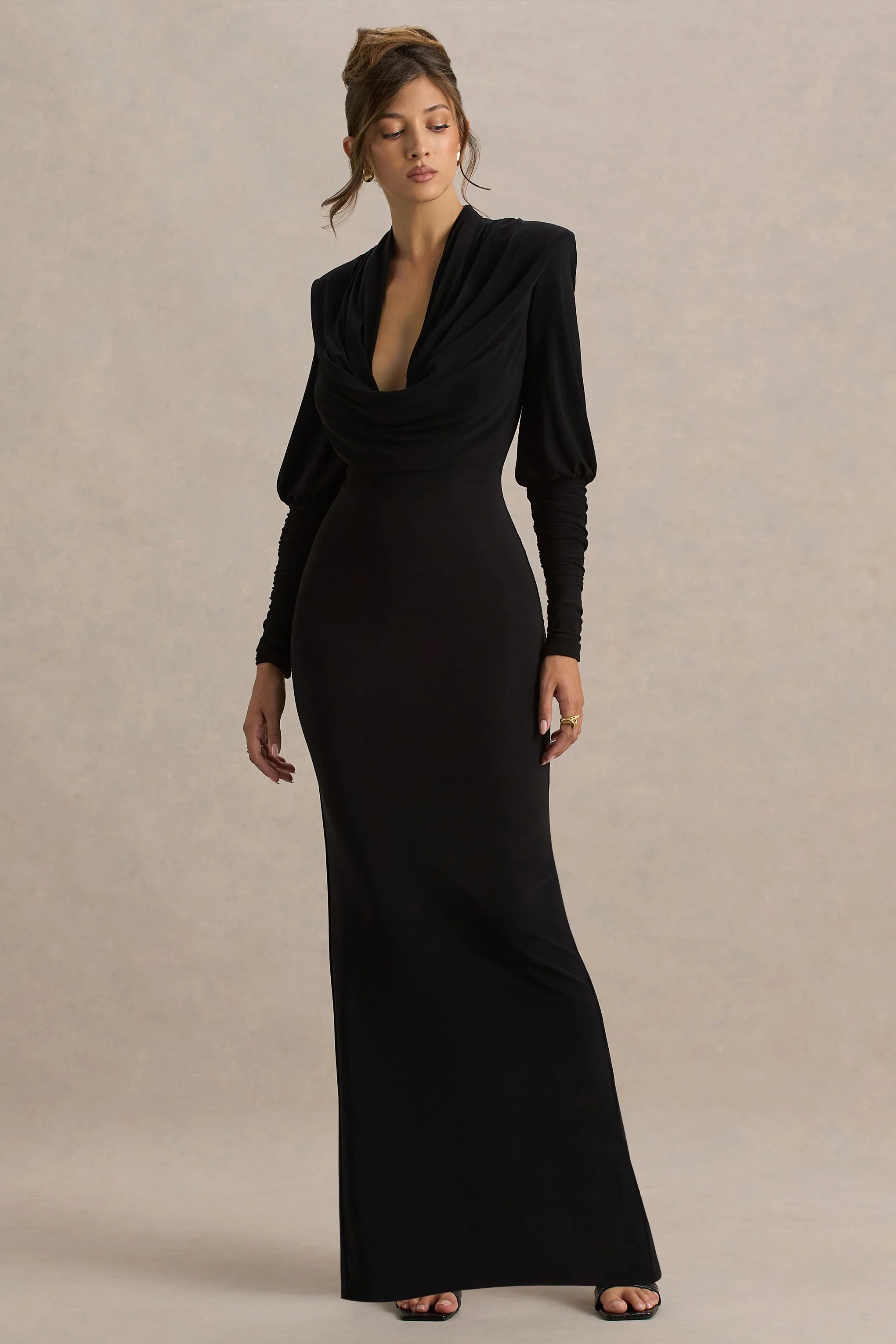 Kaylee Black Cowl Neck Maxi Dress With Draping Details