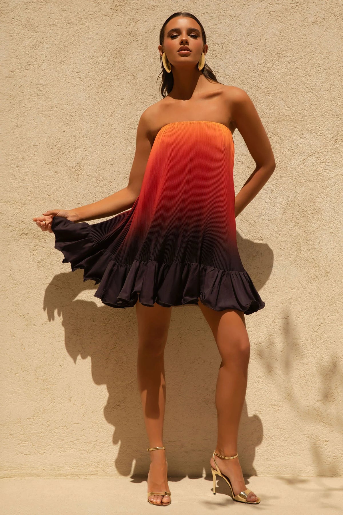 Tropical Orange Ombre Satin Mini Dress With Ruffle Hem
