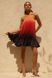 Tropical Orange Ombre Satin Mini Dress With Ruffle Hem