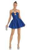 Satin Ruched Front Cross Dress in Blue