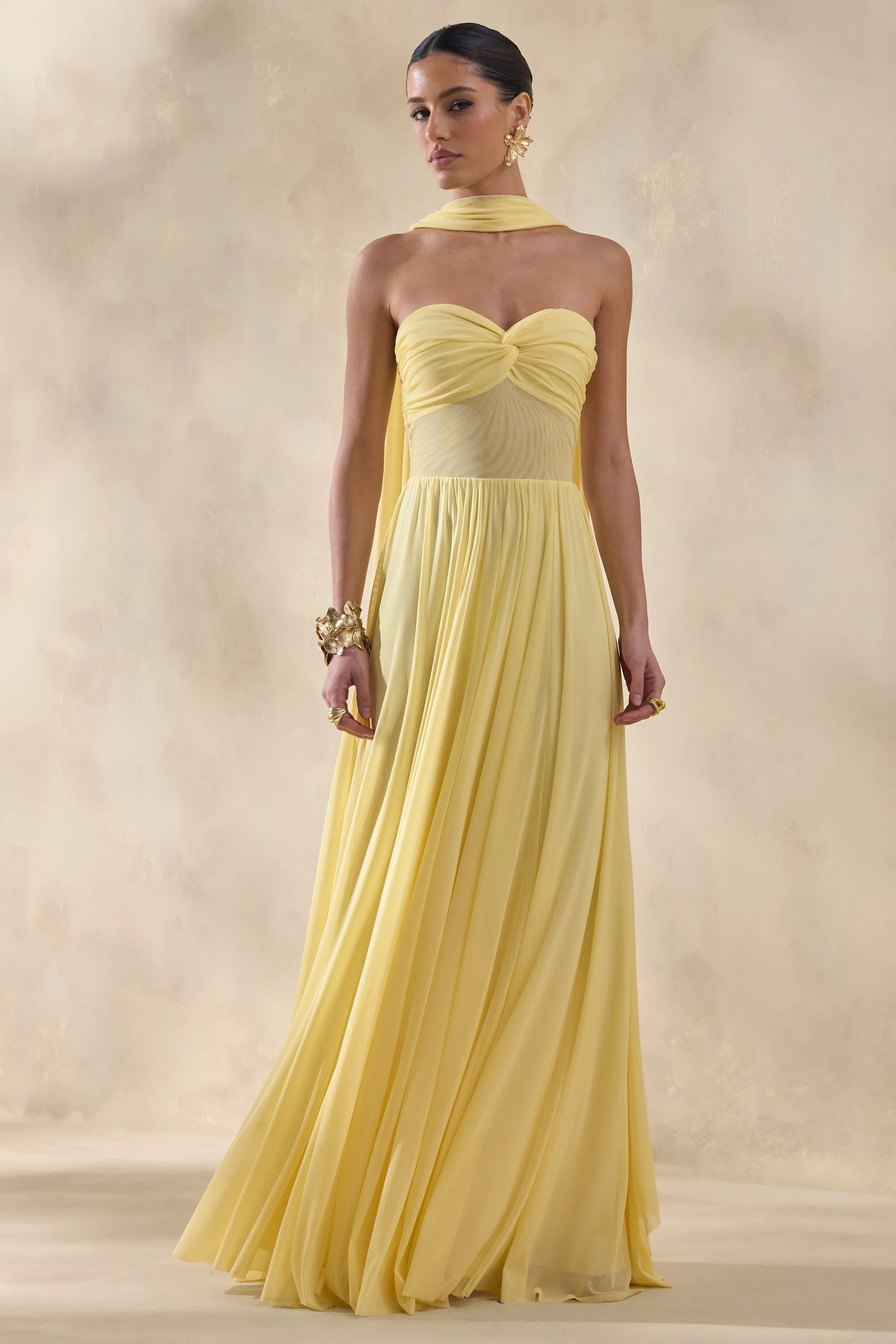 Lyvoria Lemon Bandeau Maxi Dress With Mesh Detail And Scarf