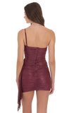 Foil Mesh One Shoulder Tassel Dress in Burgundy