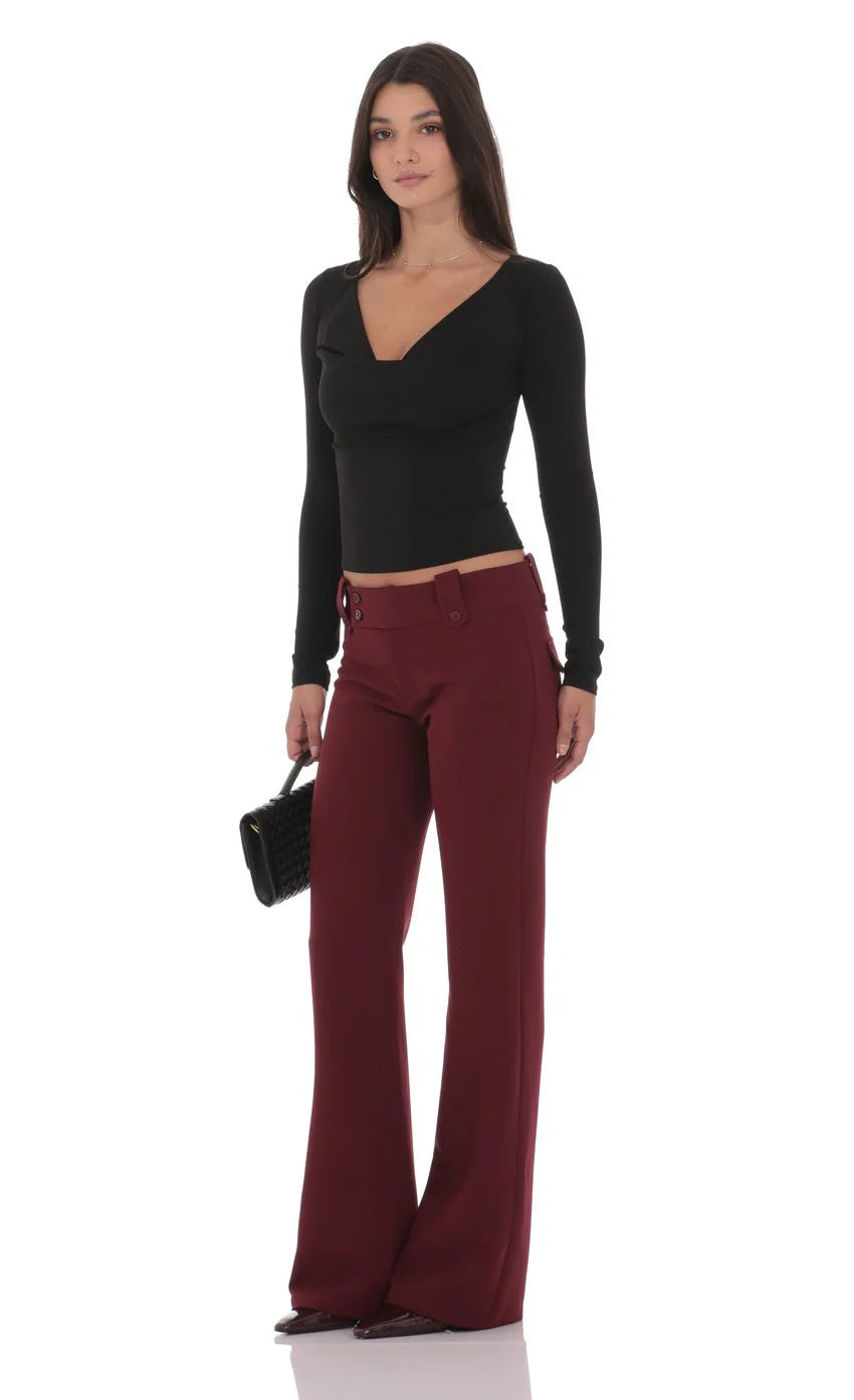 Low Rise Boot Cut Pants in Burgundy