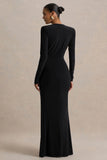 Flashy Black Plunge Neck Maxi Dress With Ruched Detailing