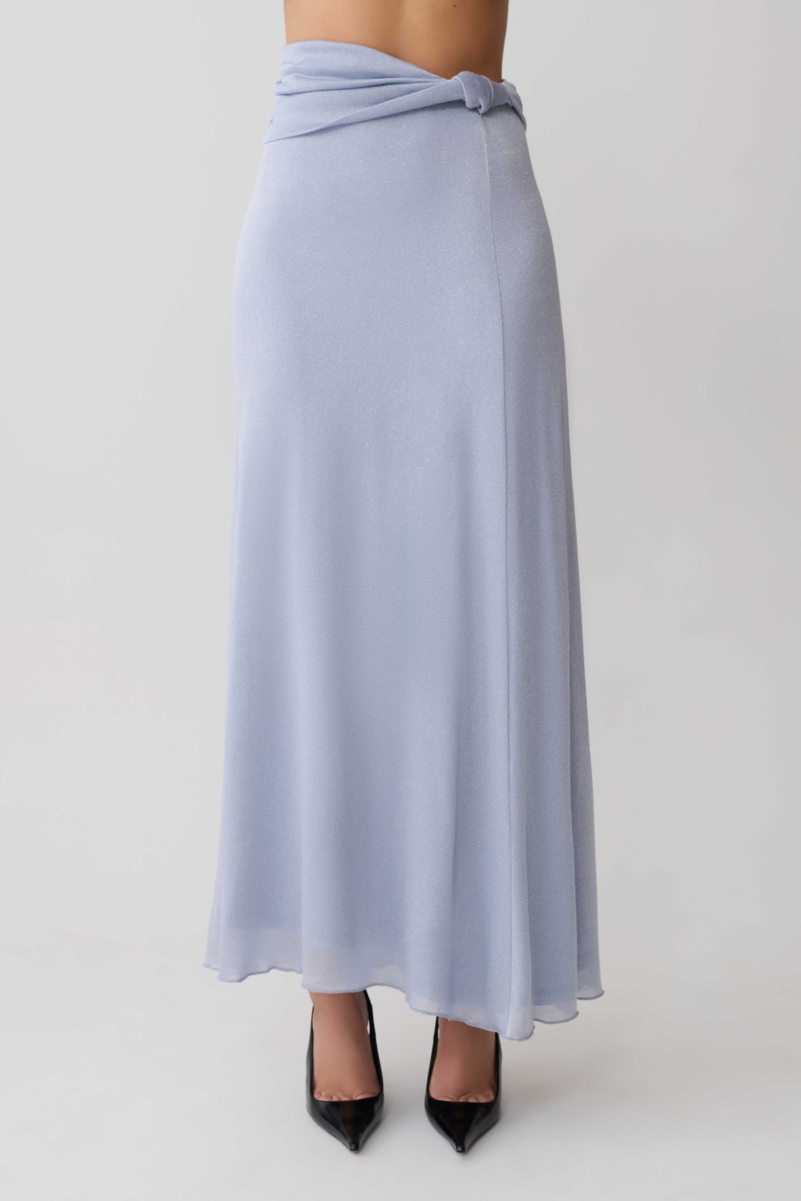 Adrienne Lurex Knot Maxi Skirt Pastel Blue