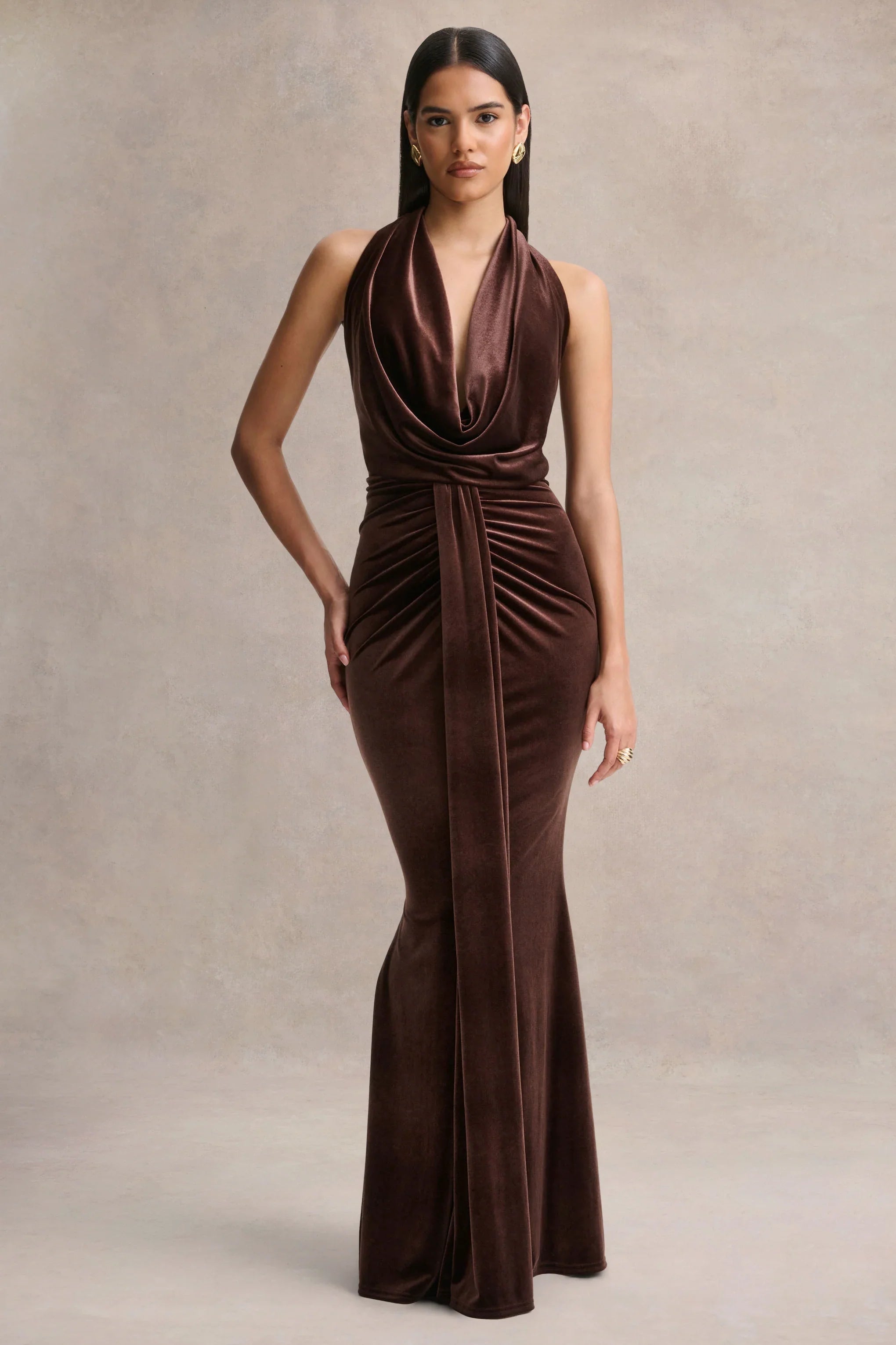 Lavernia Brown Velvet Halter Neck Maxi Dress With Gathered Detailing