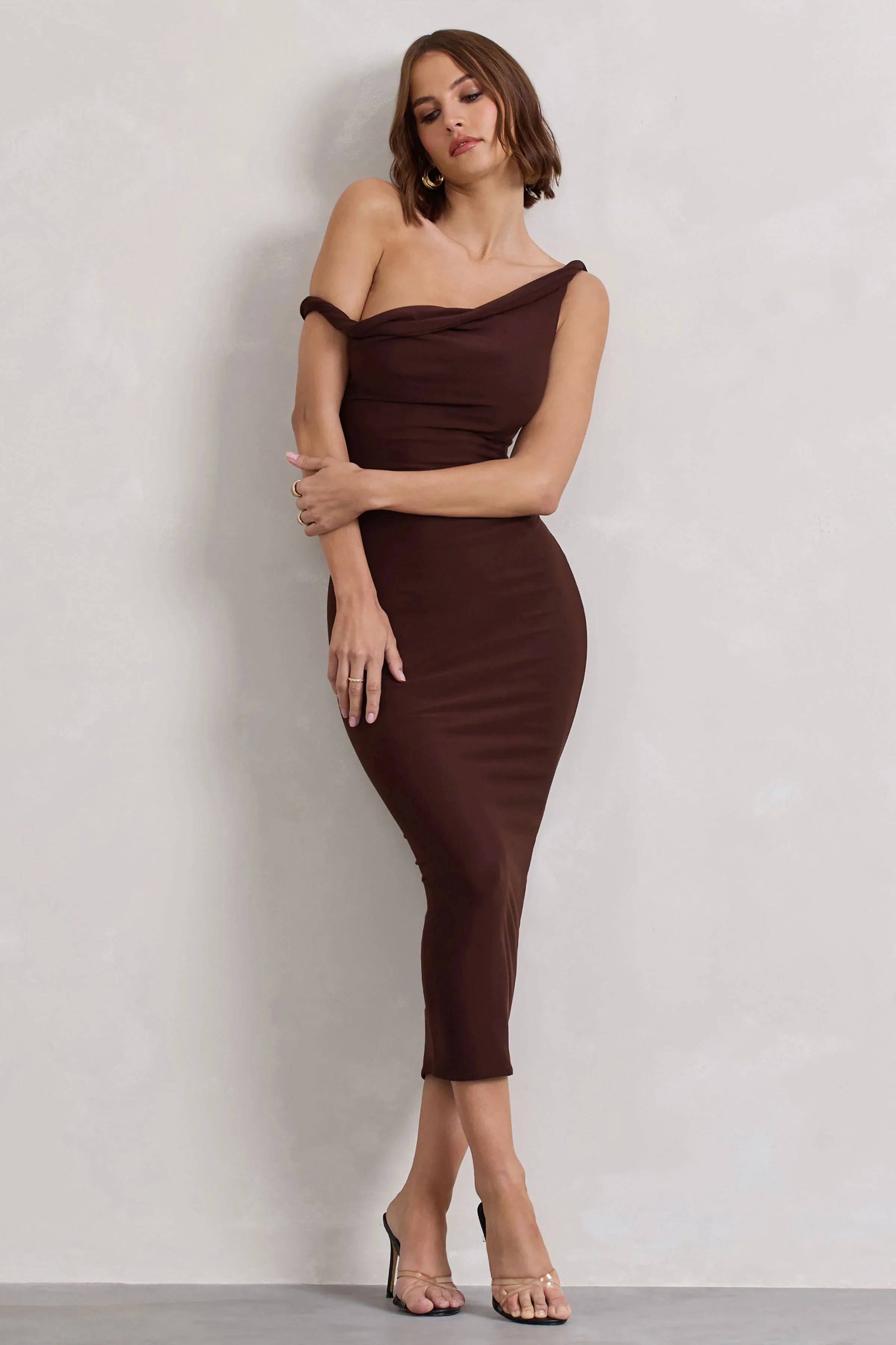 Salome Chocolate Brown Twisted Asymmetric Midi Dress