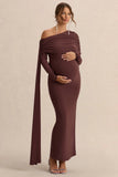 Cyra Brown Asymmetric Neck Maternity Maxi Dress With Sash