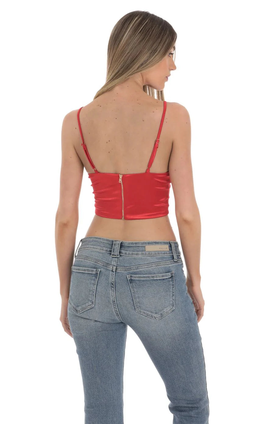 Satin V Neck Crop Top in Red