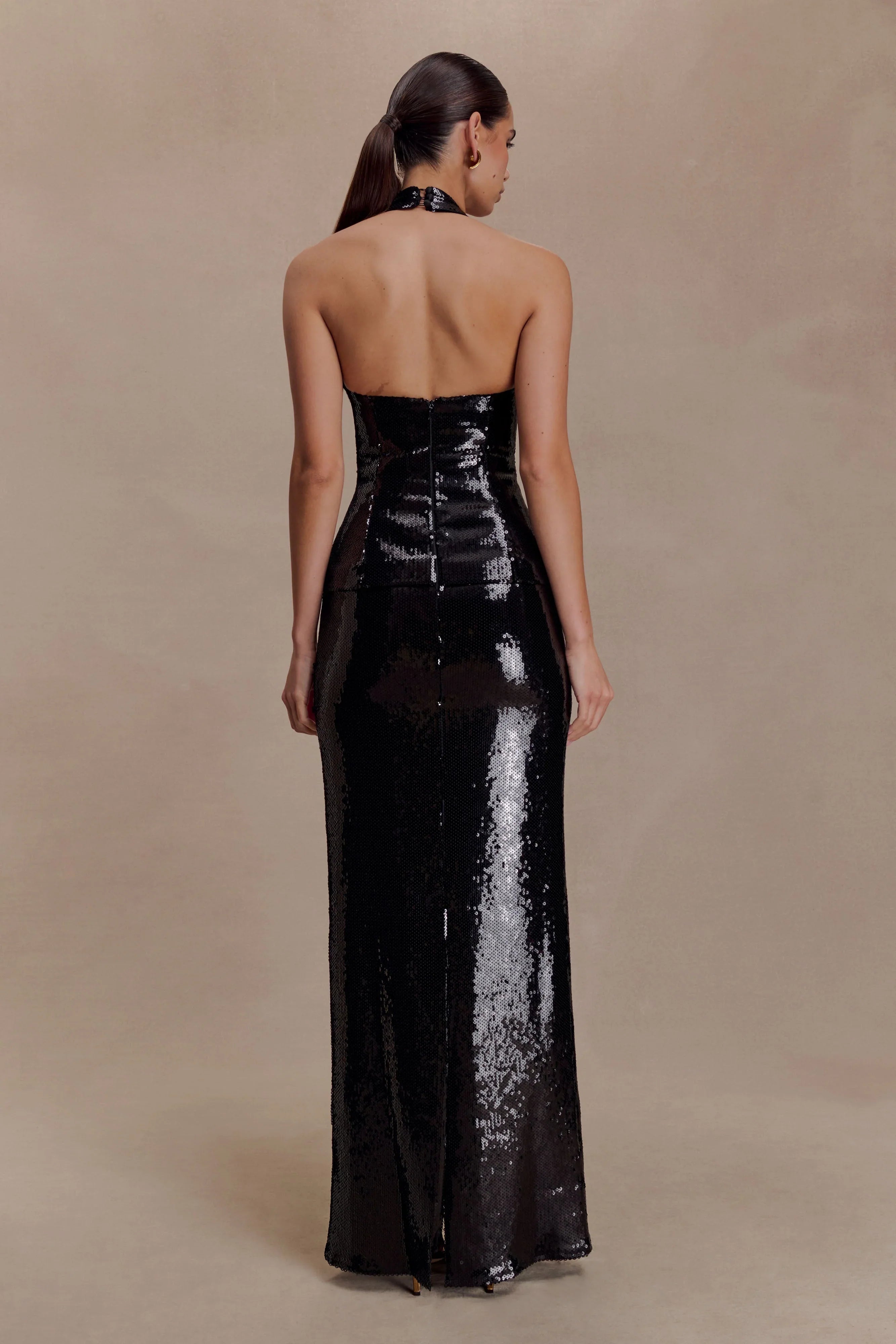 Bertie Sequin Peplum Halter Maxi Dress Black