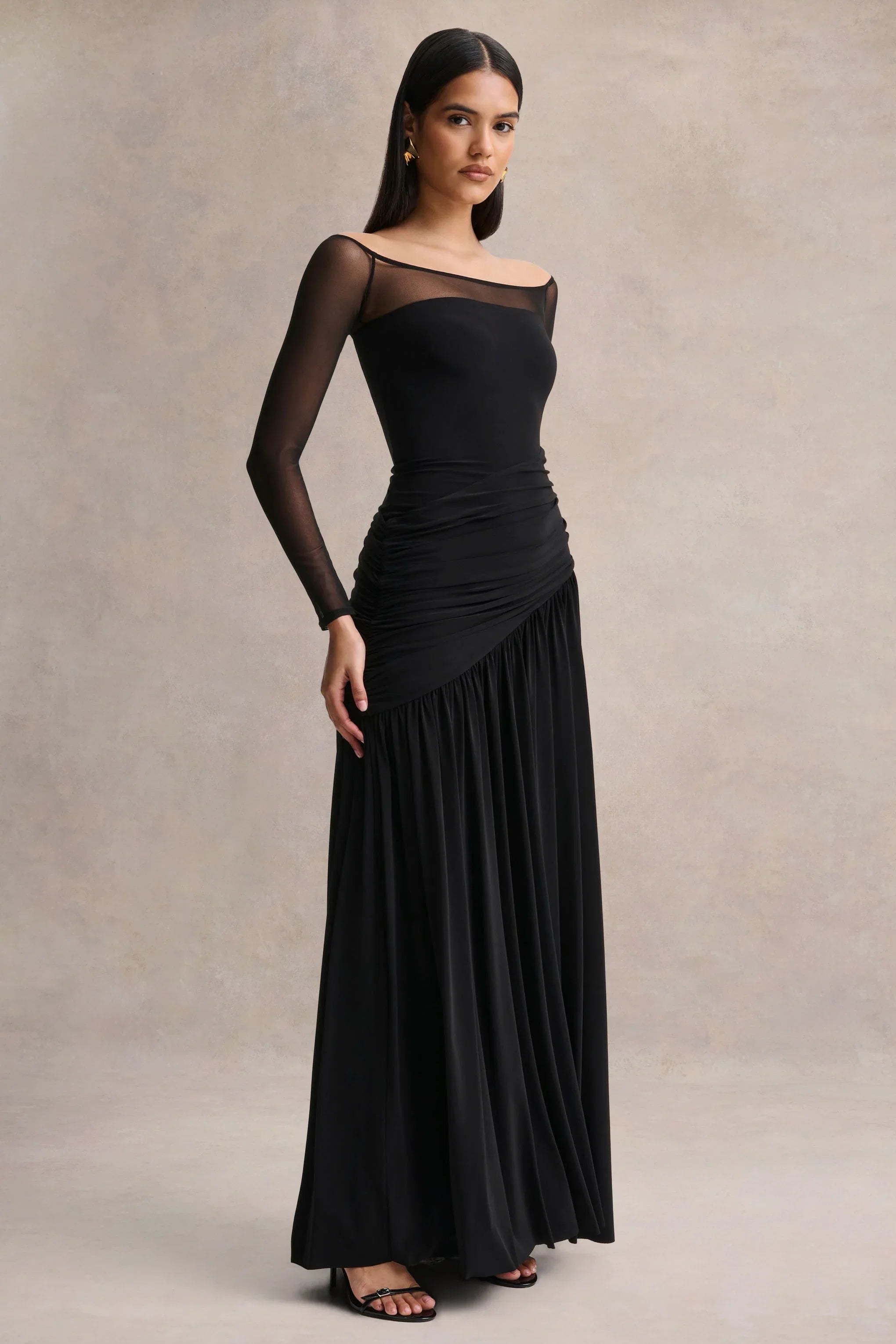 Bexley Black Bardot Neck Draped Maxi Dress With Long Mesh Sleeves