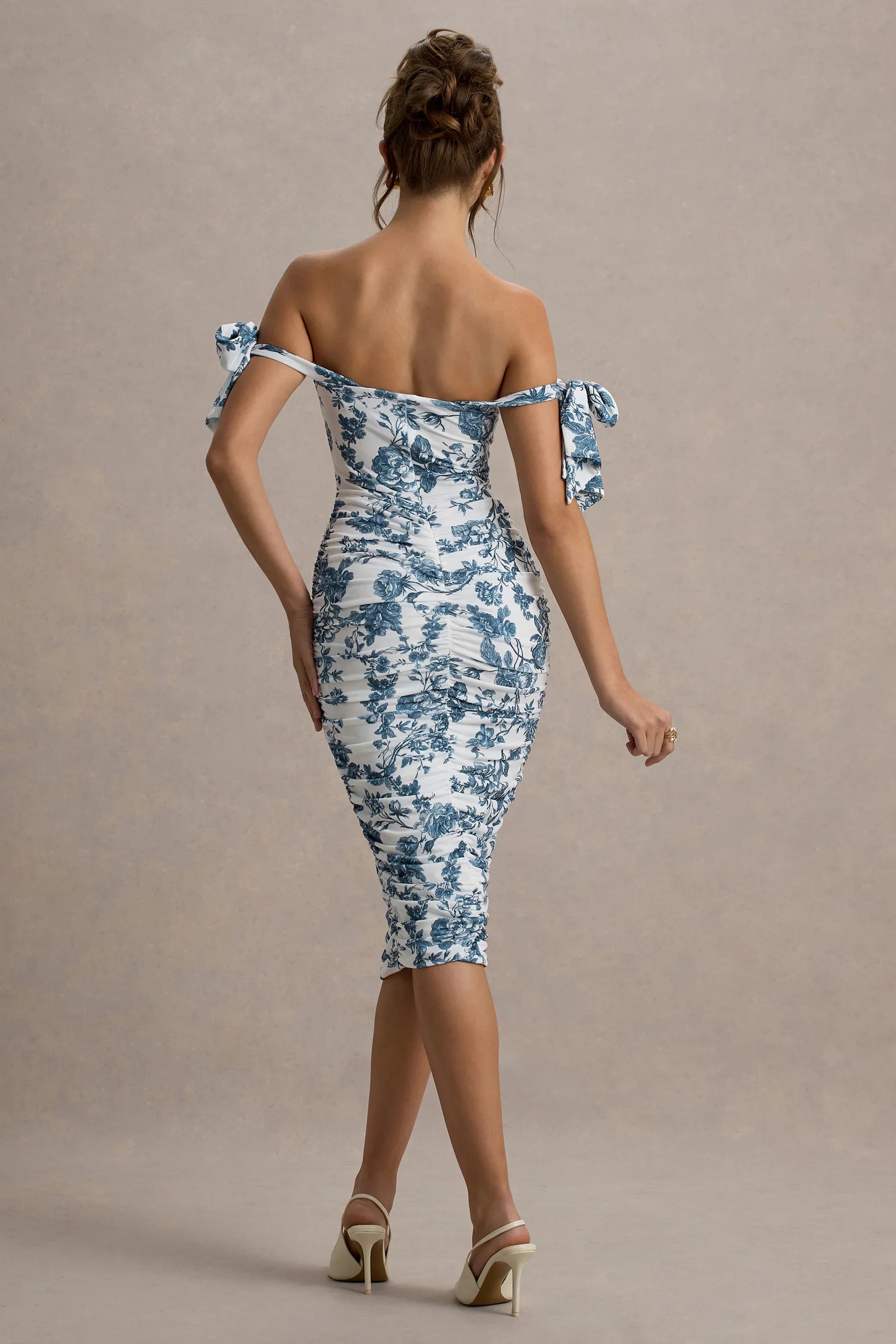 Citrus Blue Porcelain Print Bardot Bodycon Midi Dress With Bow Sleeves