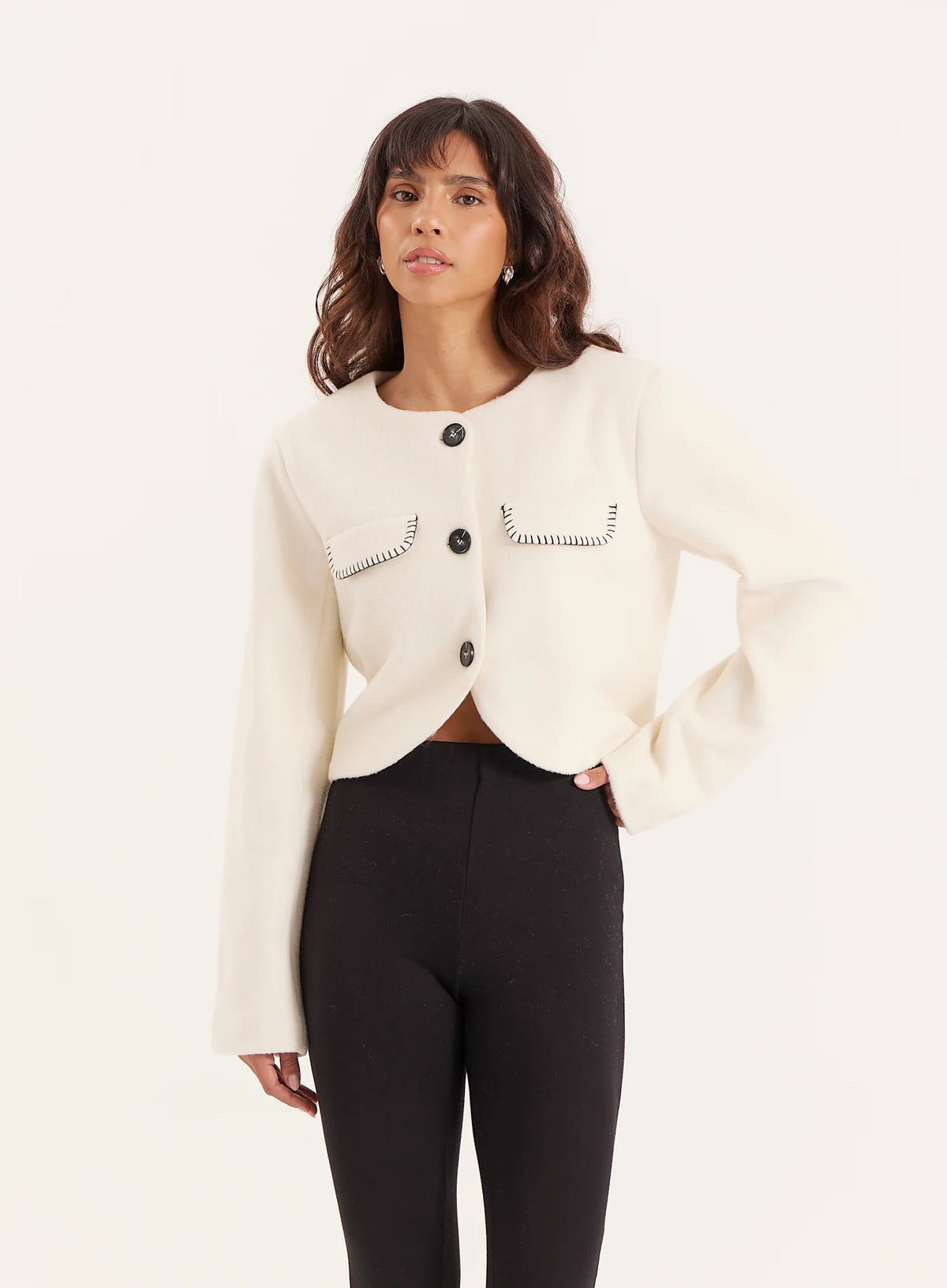 Cream Wool Contrast Pocket Cropped Jacket