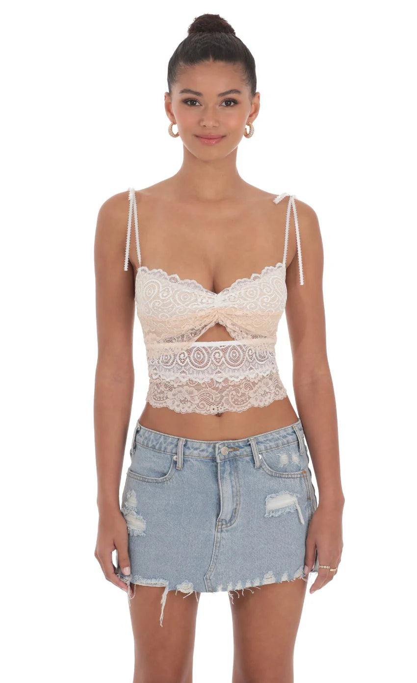 Two Toned Lace Top in White