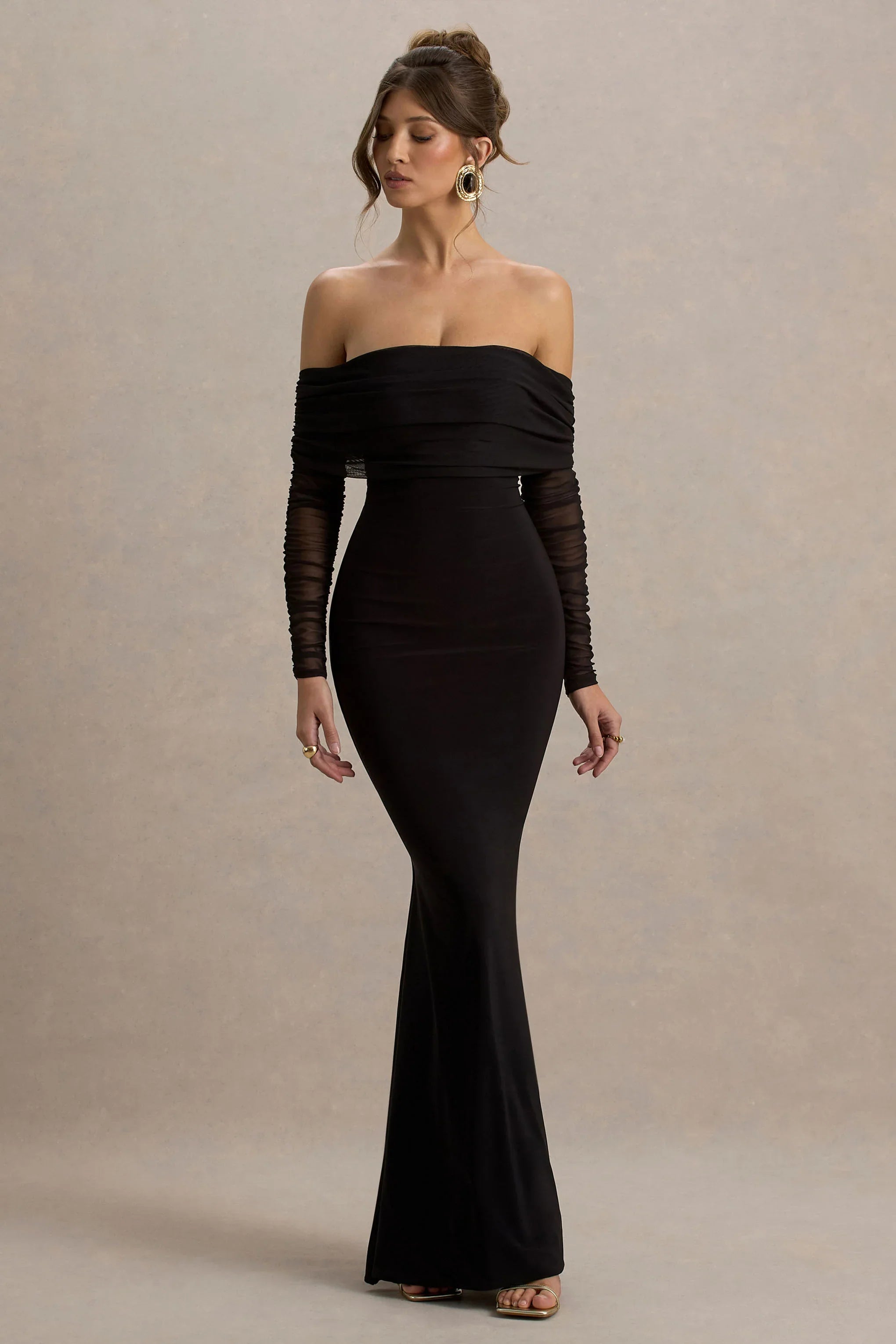 Madeleine Black Fishtail Maxi Dress With Bardot Mesh Long Sleeves