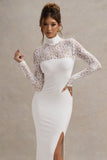 Arden White High Neck Split Maxi Dress With Lace Sleeves