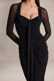 Rosetta Black Sweetheart Neck Midi Dress With Sheer Sleeves