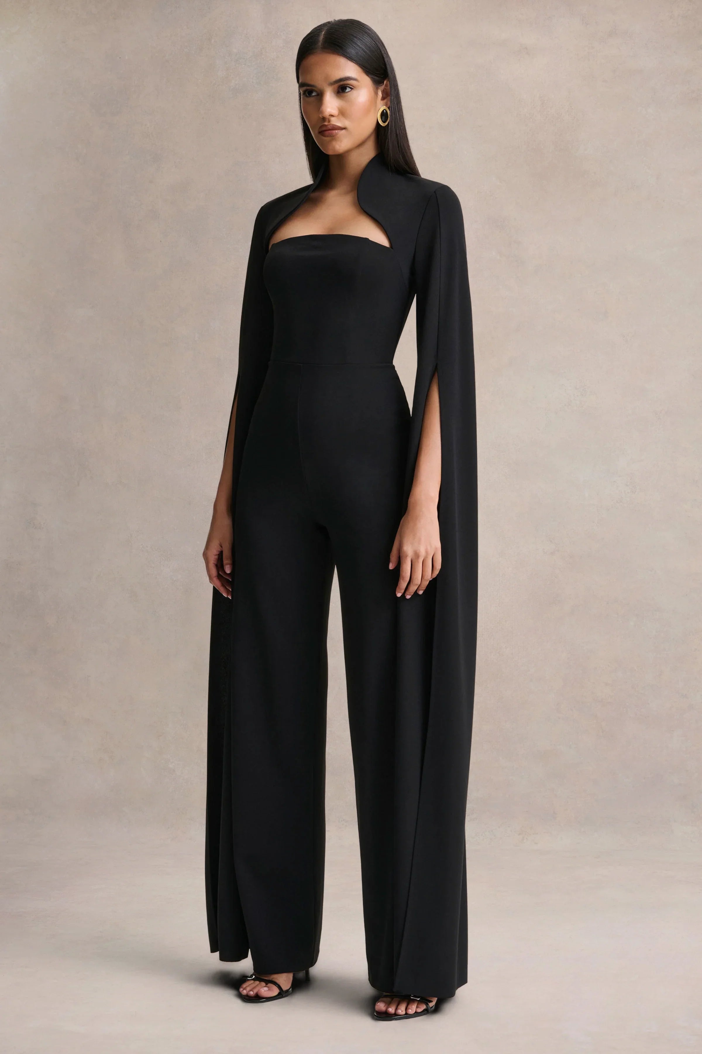 Elisabetta Black Square Neck Jumpsuit With Cape Sleeves