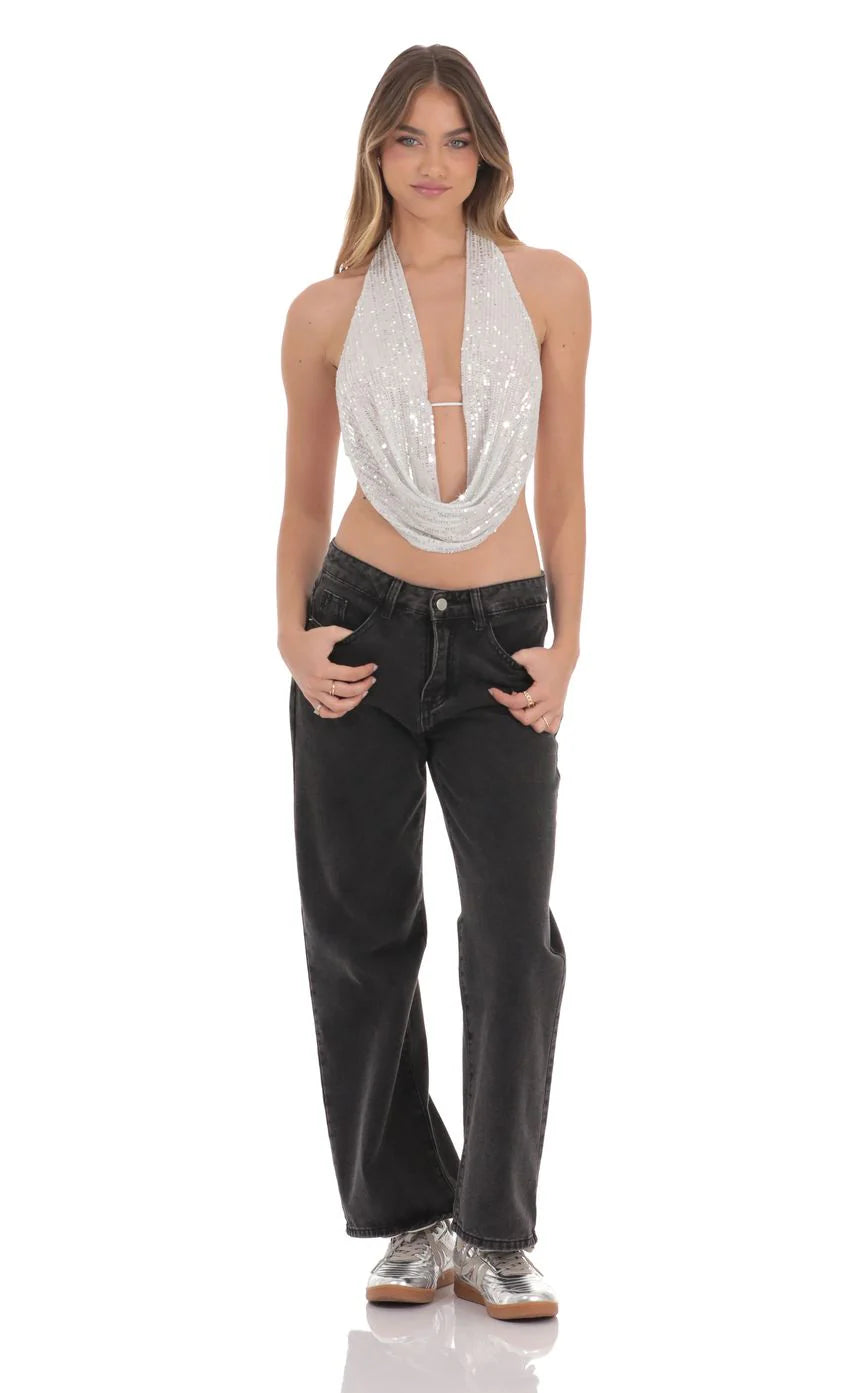 Sequin Plunge Top in Silver
