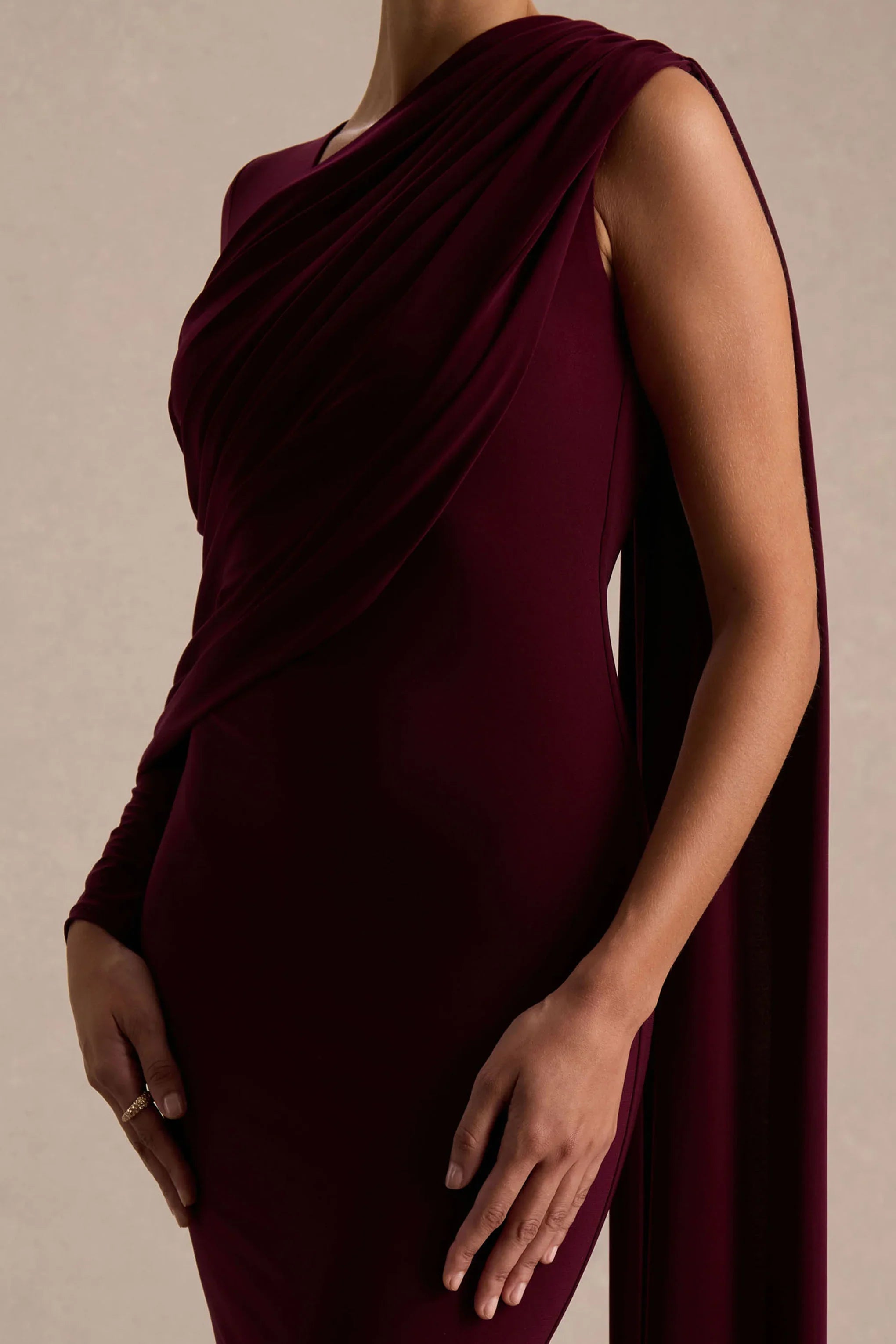 Rubelle Burgundy Asymmetric Neck Maxi Dress With Draped Detailing