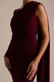 Rubelle Burgundy Asymmetric Neck Maxi Dress With Draped Detailing