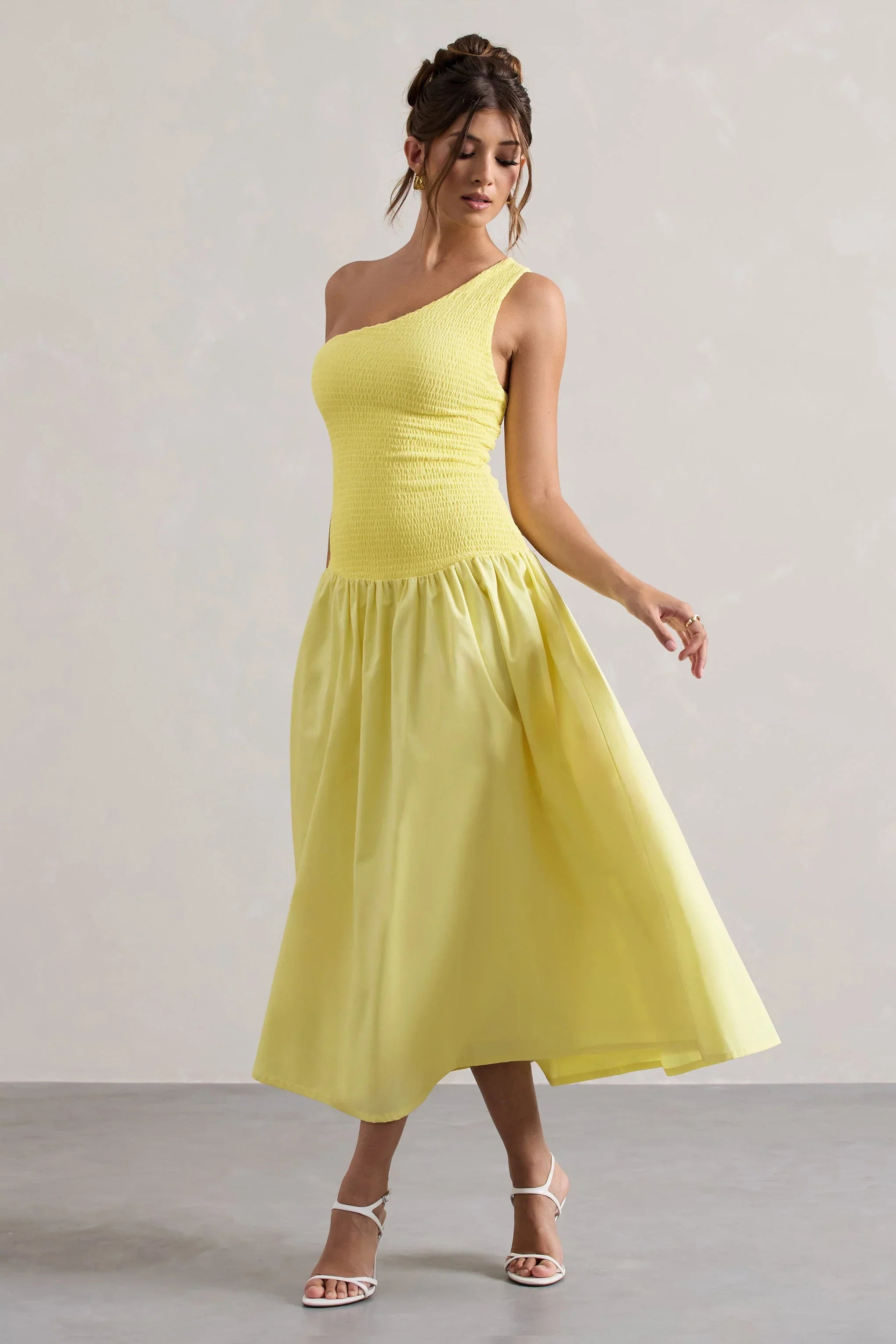 Sorbet Lemon Poplin One Shoulder Pleated Maxi Dress