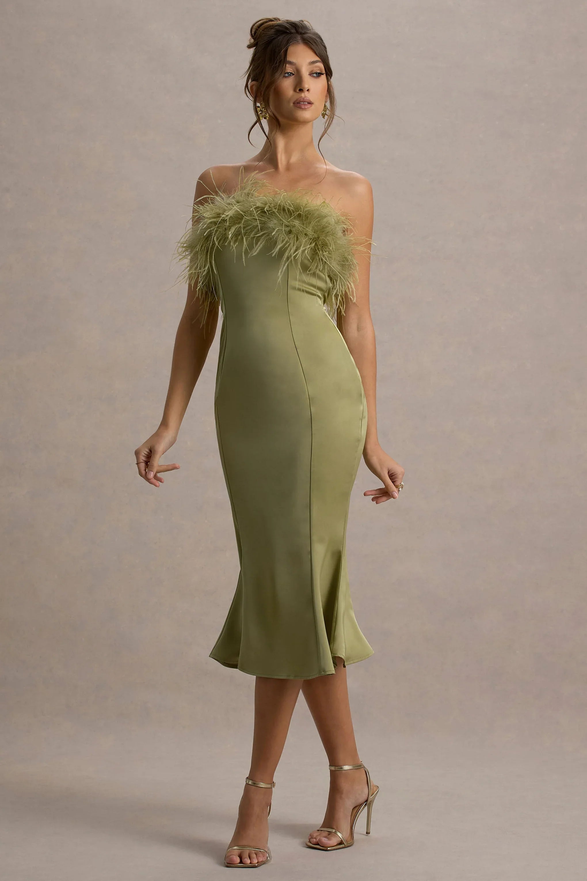 One And Only Light Green Satin Feather Trim Bandeau Midi Dress