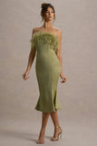 One And Only Light Green Satin Feather Trim Bandeau Midi Dress