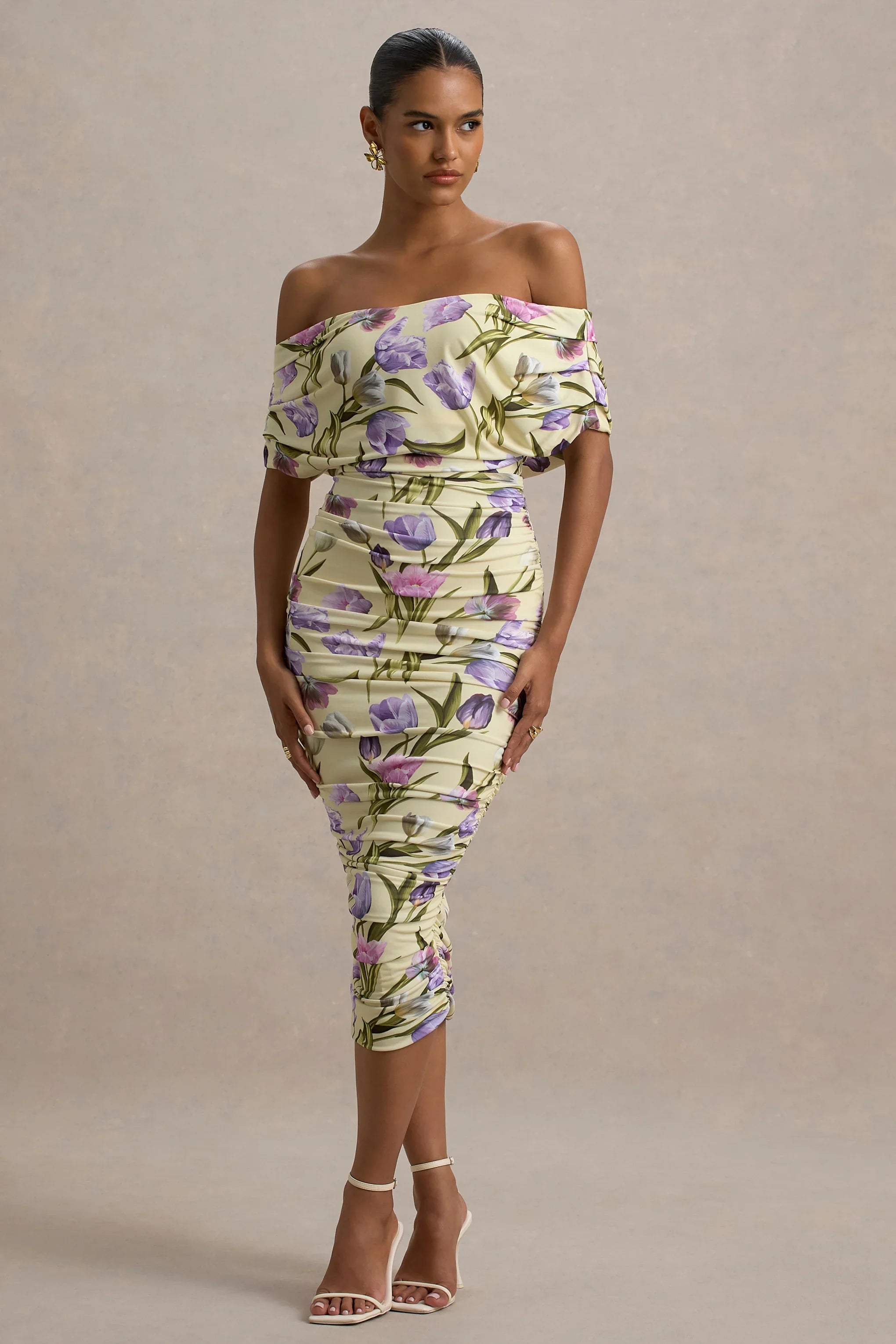 Rayleigh Tulip Floral Print Bardot Ruched Midi Dress
