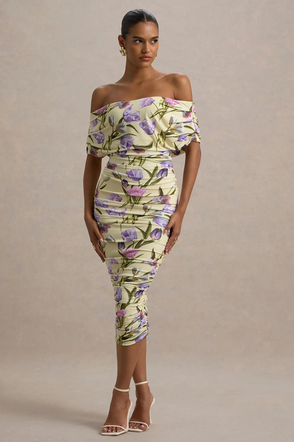 Rayleigh Tulip Floral Print Bardot Ruched Midi Dress
