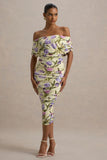 Rayleigh Tulip Floral Print Bardot Ruched Midi Dress