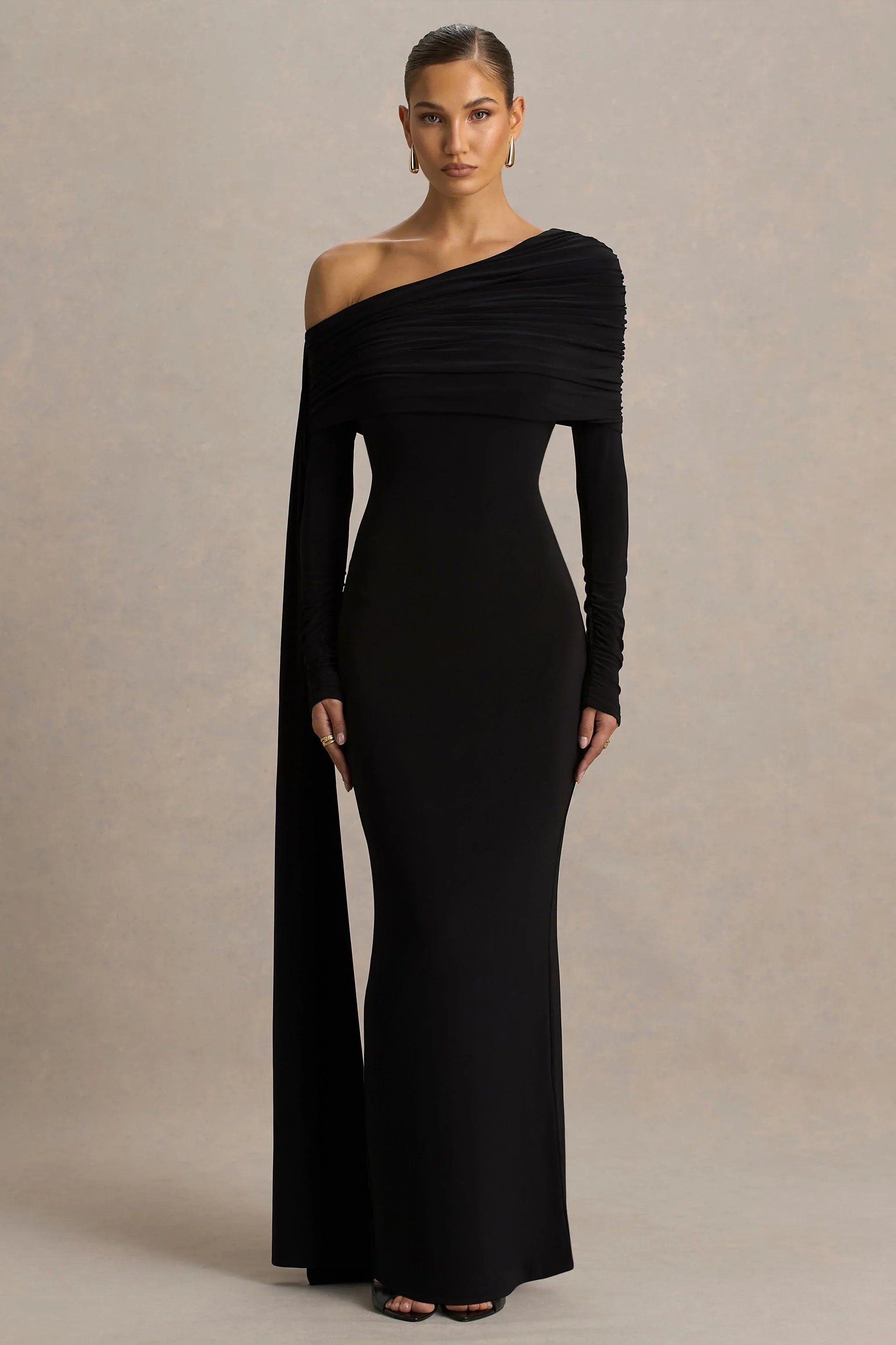 Octavia Black Bardot Neck Maxi Dress With Cape And Ruched Detailing
