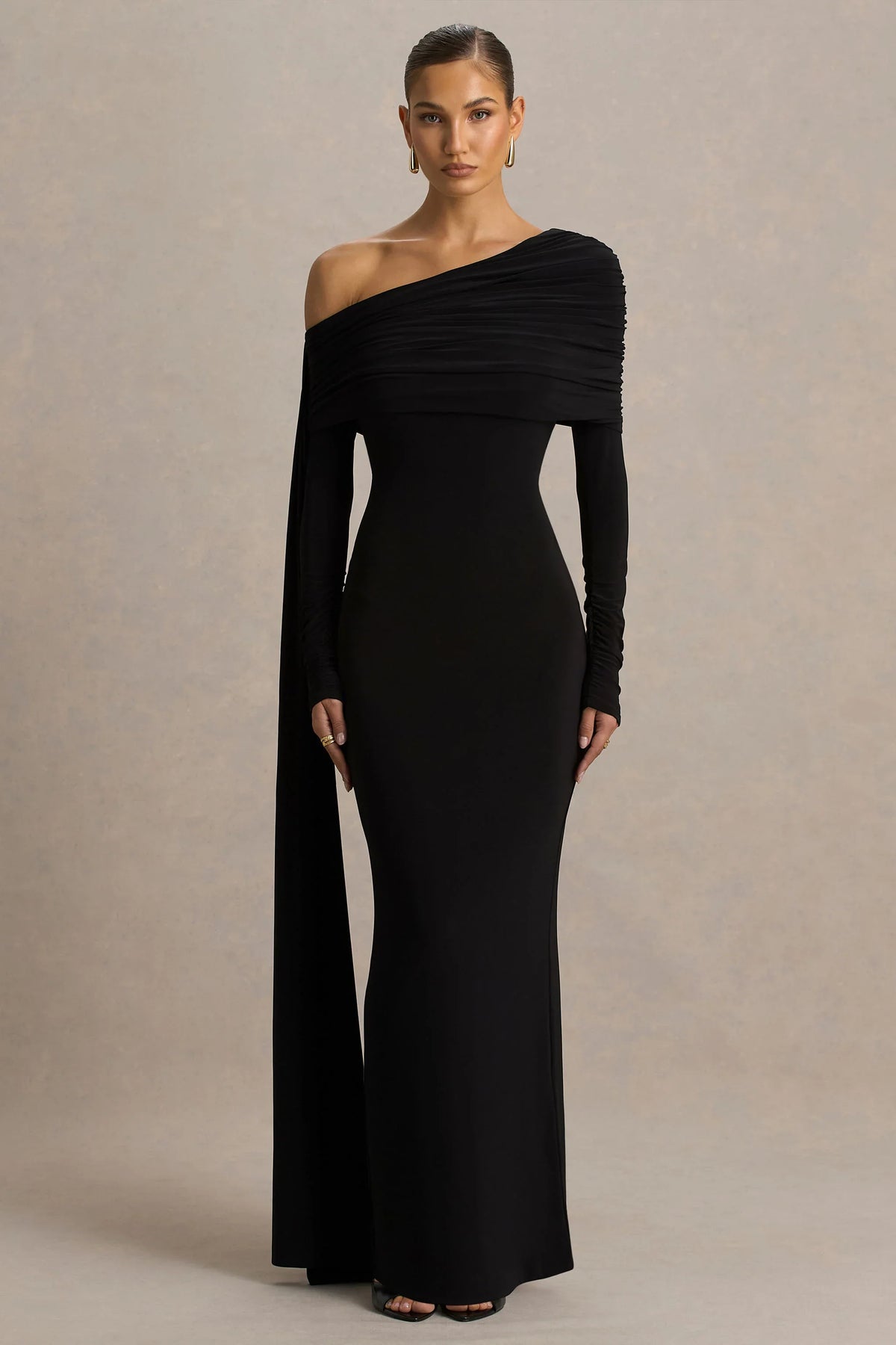Octavia Black Bardot Neck Maxi Dress With Cape And Ruched Detailing