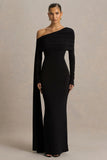 Octavia Black Bardot Neck Maxi Dress With Cape And Ruched Detailing
