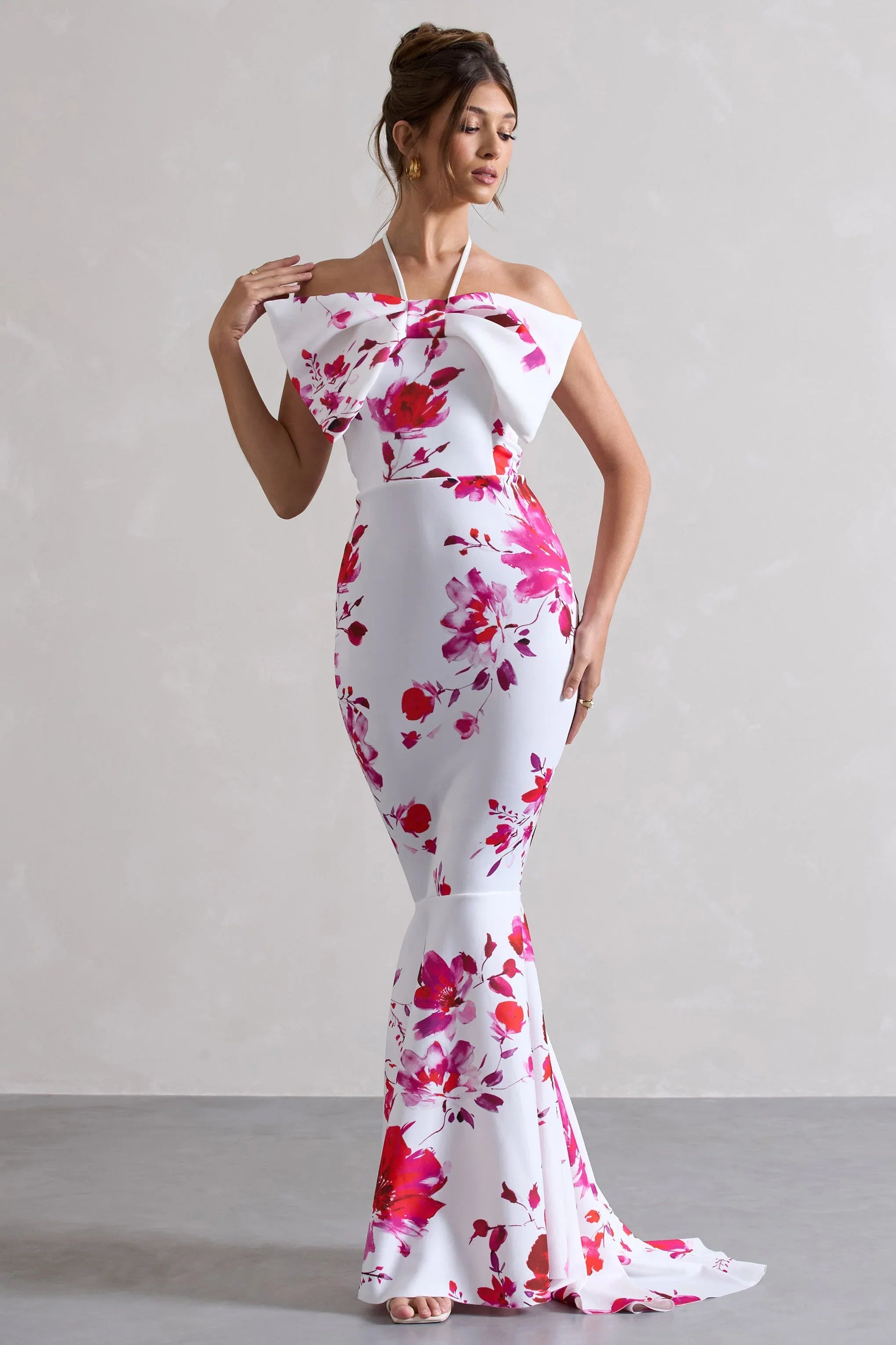 Sakura Pink Floral Print Halter Neck Fishtail Maxi Dress With Bow
