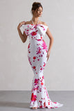 Sakura Pink Floral Print Halter Neck Fishtail Maxi Dress With Bow