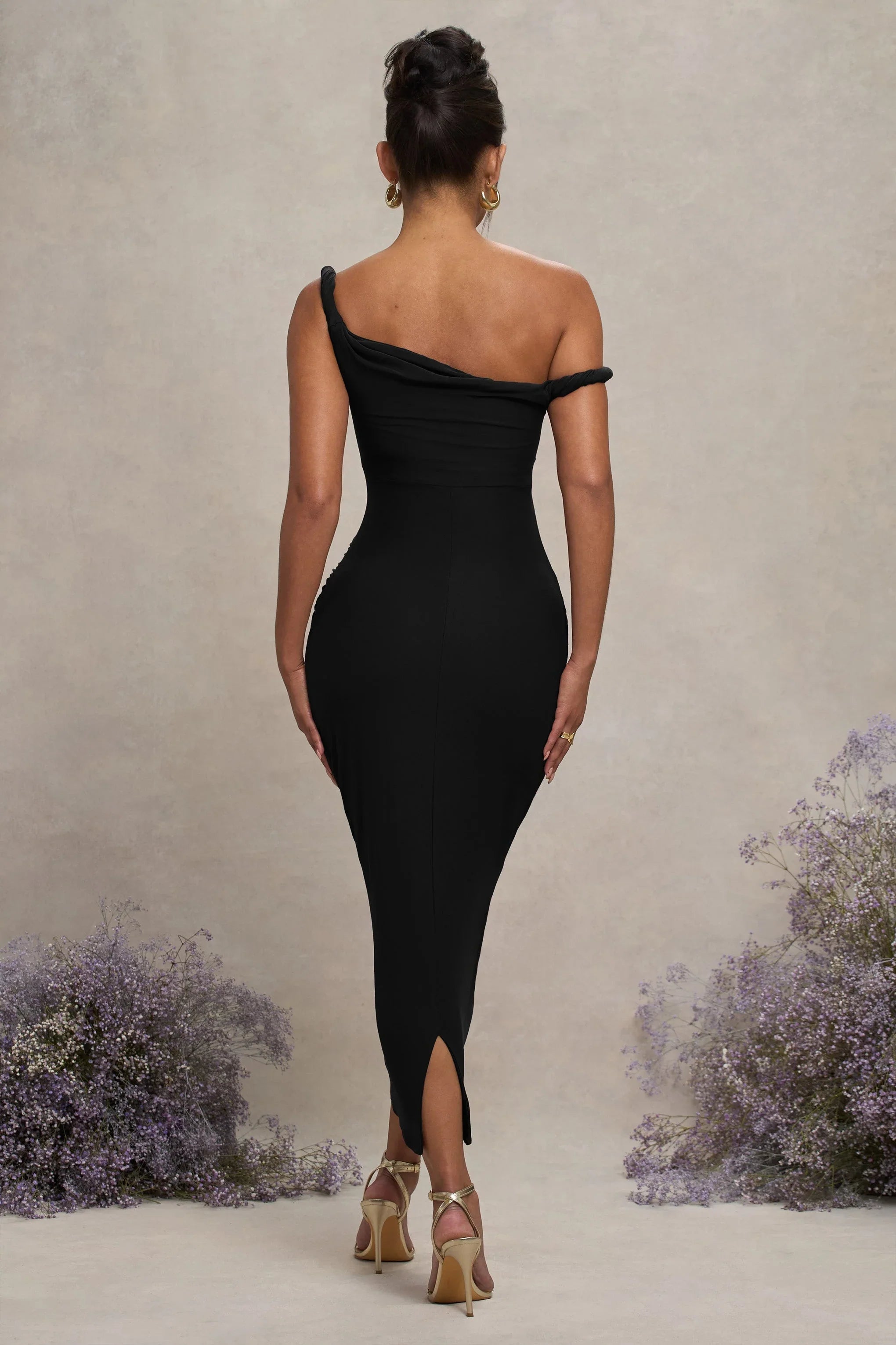 Salome Black Twisted Asymmetric Maternity Midi Dress
