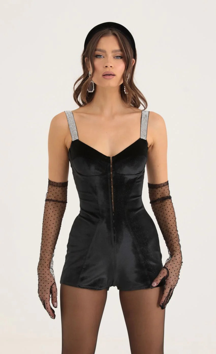 Velvet Shimmer Hook and Eye Romper in Black