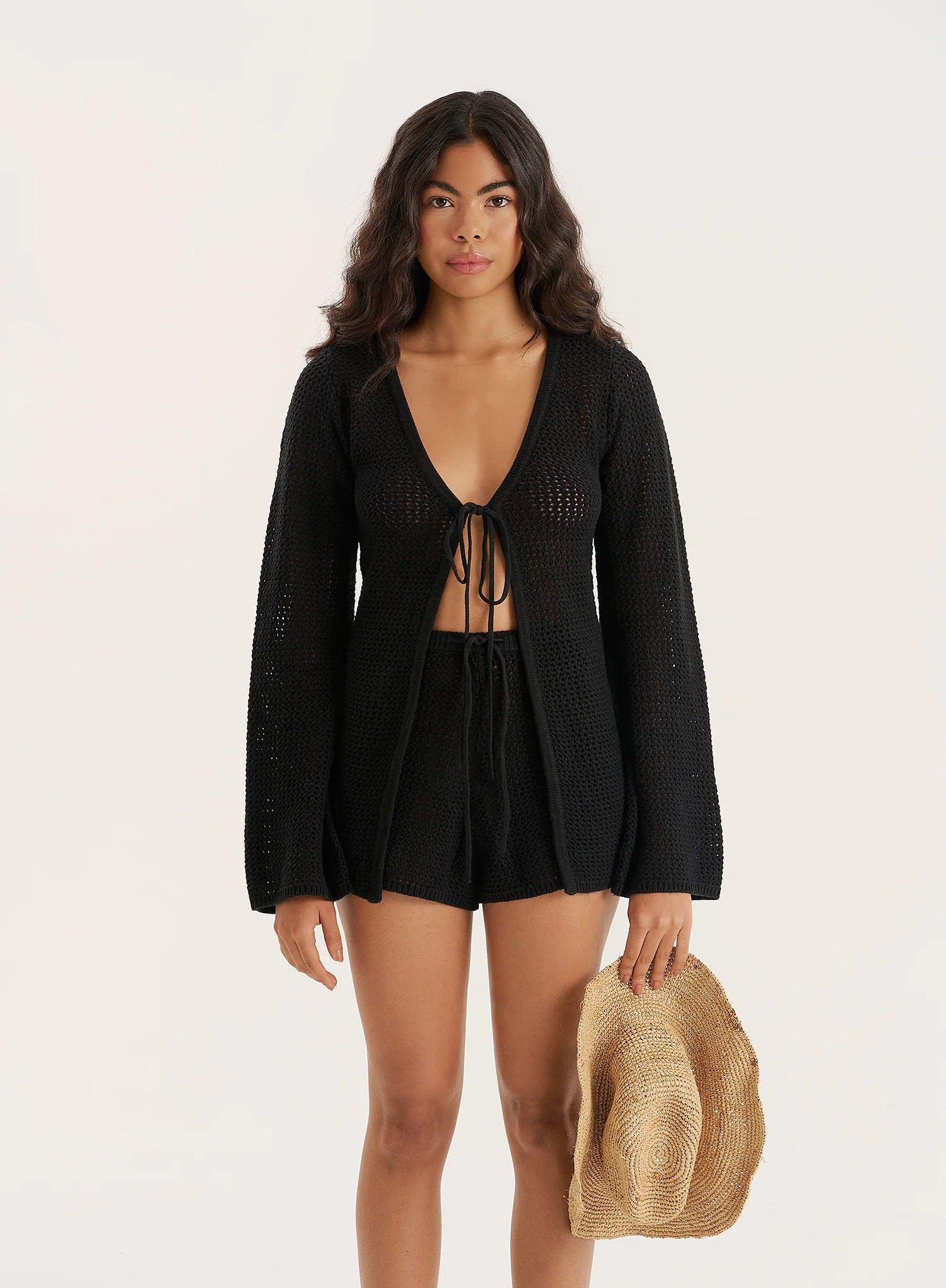 Black Crochet Tie Front Top
