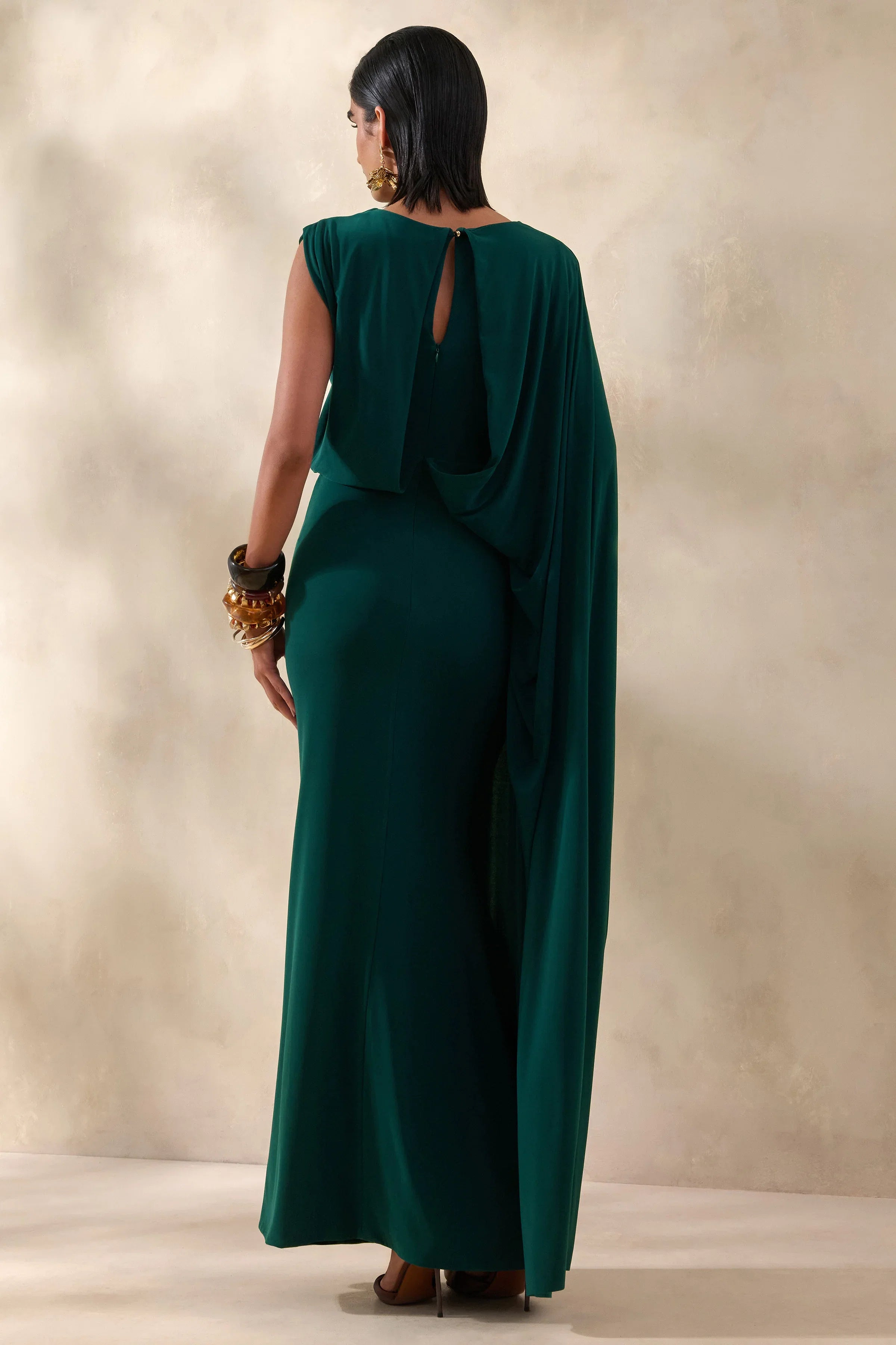 Carenza Dark Green Wide Neck Maxi Dress With Cape Sleeve