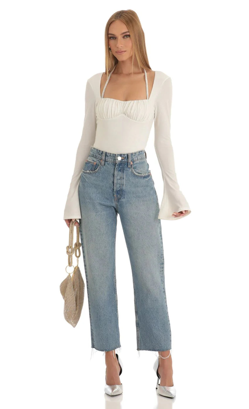 Glitter Flare Long Sleeve Bodysuit in White