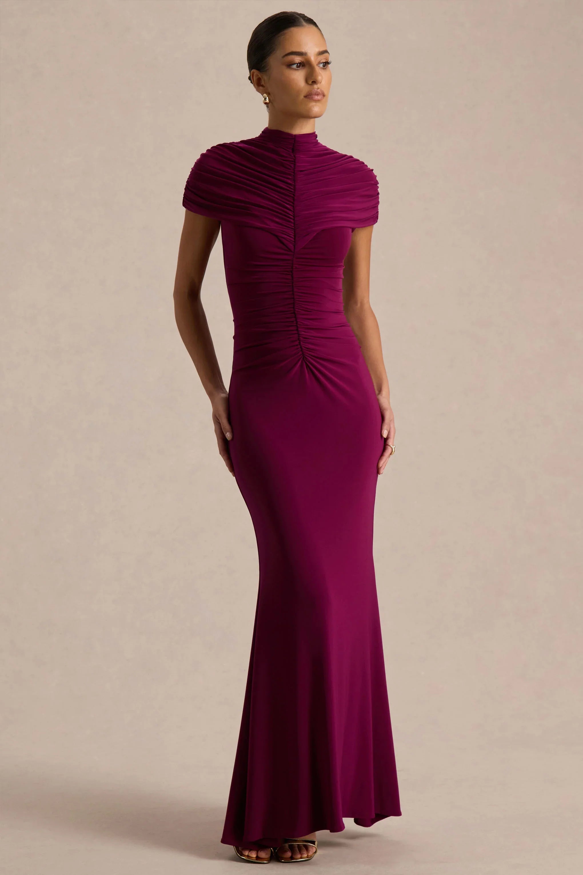 Azaria Burgundy High Neck Maxi Dress With Ruched Detailing