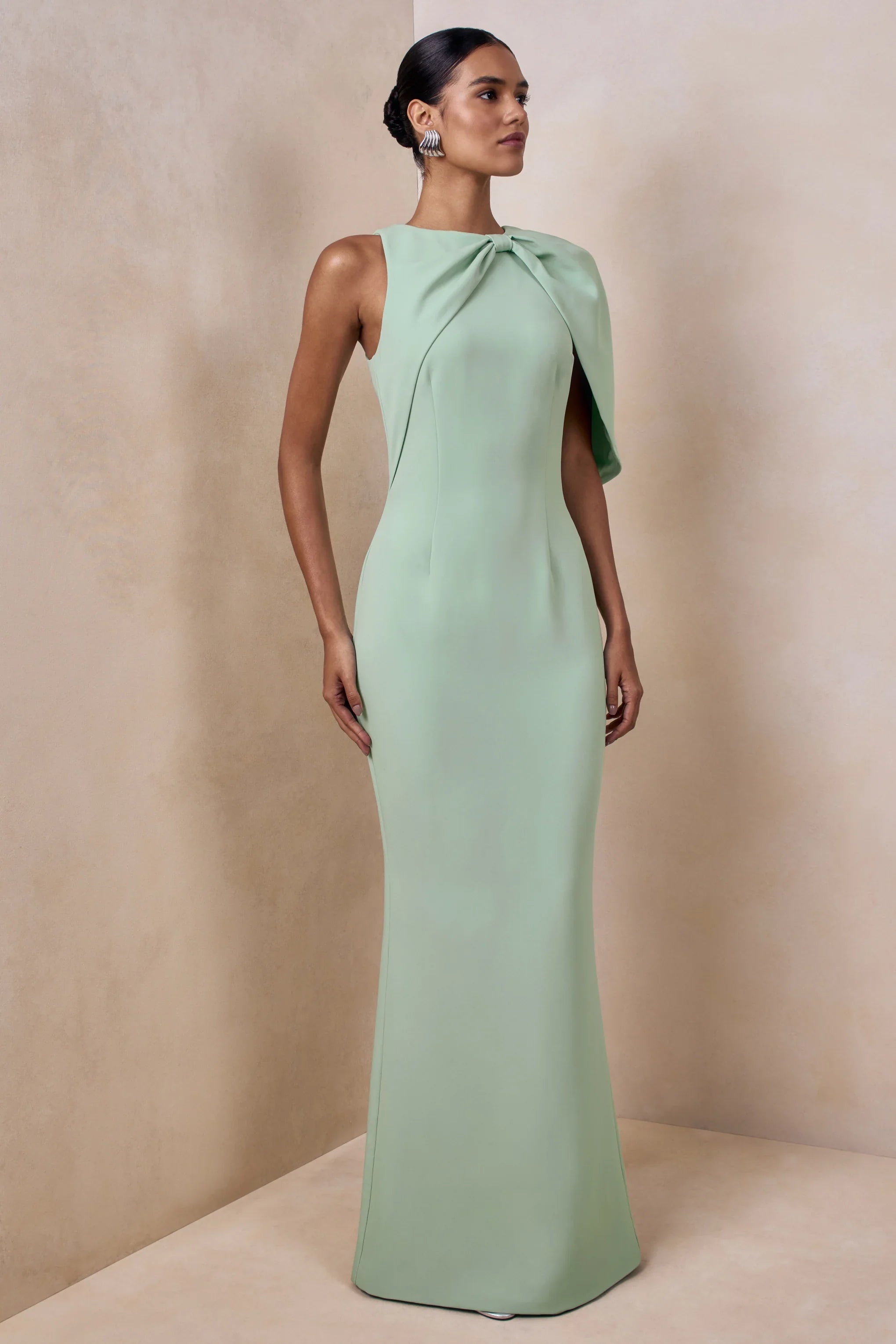 Quira Mint Asymmetric Neck Maxi Dress With Cape Sleeve
