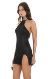 Rhinestone Mock Neck Satin Halter Dress in Black