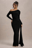 Valina Black Ruched Asymmetric Maxi Dress With Drape