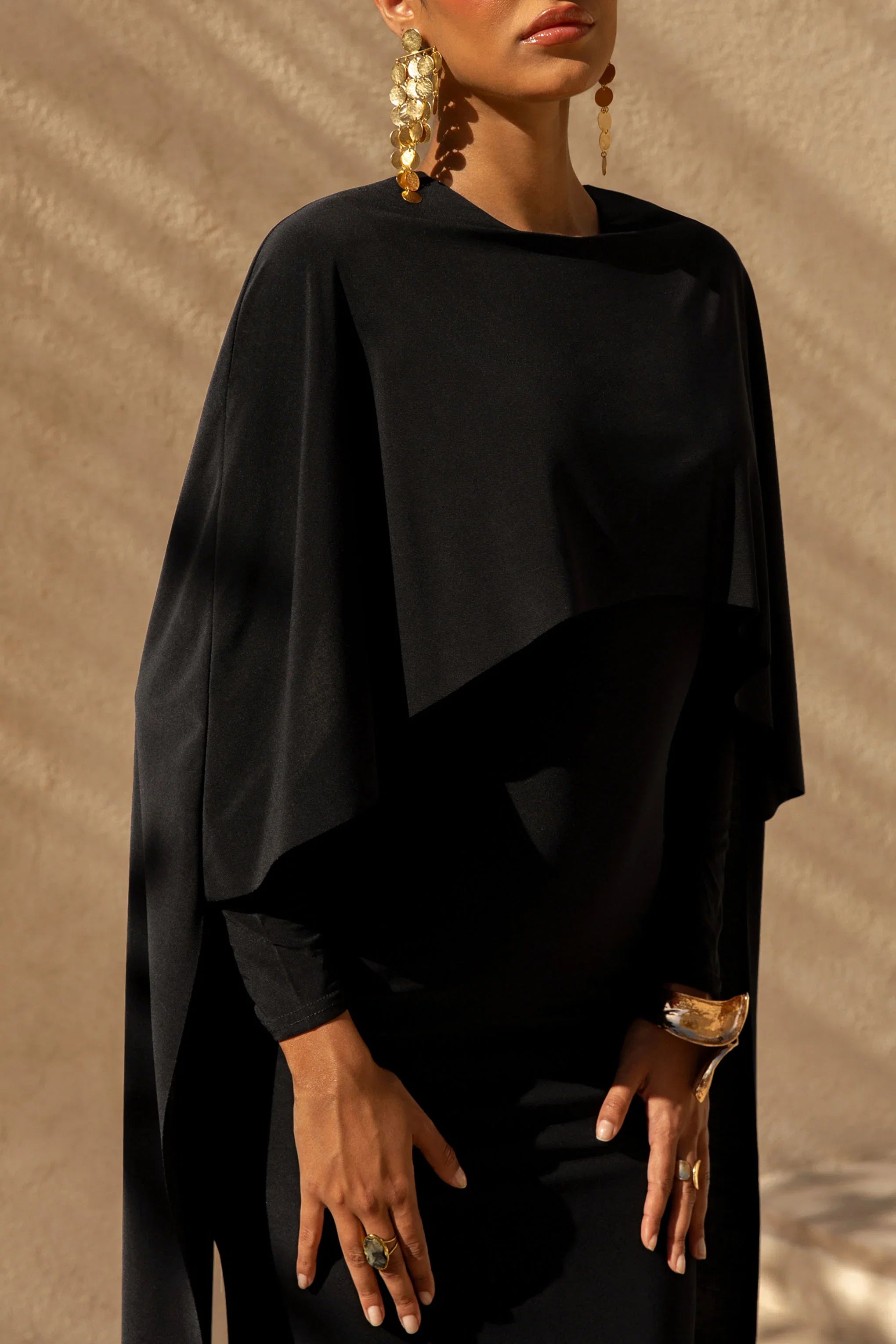 Belinda Black Draped Maxi Dress With Cape Sleeves