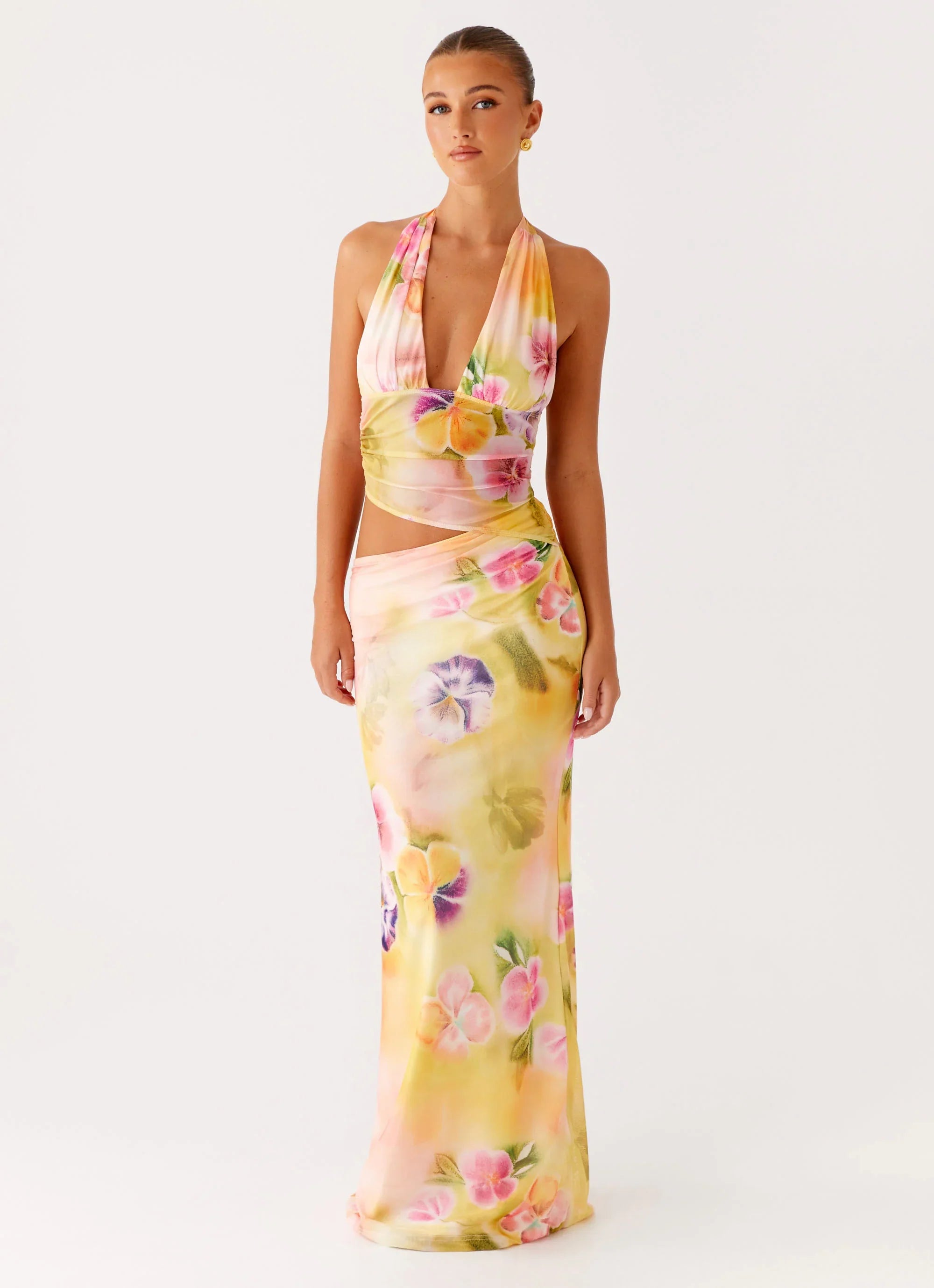 Main Act Halter Maxi Dress Sunburst Floral